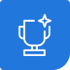 Blue rounded-square icon showing a white trophy with a sparkle, representing achievement or award.